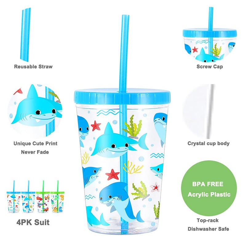Home Tune 16oz Kids Tumbler Water Drinking Cup 4 Pack - BPA Free, Straw Lid Cup, Reusable, Lightweight, Spill-Proof Water Bottle with Cute Design for Girls & Boys - Shark, Car, Space, Dinosaur - Image 2